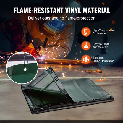 Welding Screen with Frame, 1.83 x 2.44 m Welding Curtain Screen, Flame-Resistant Vinyl Welding Protection Screen on 4 Swivel Wheels (2 Lockable), Moveable & Professional for Workshop/Industrial, Green