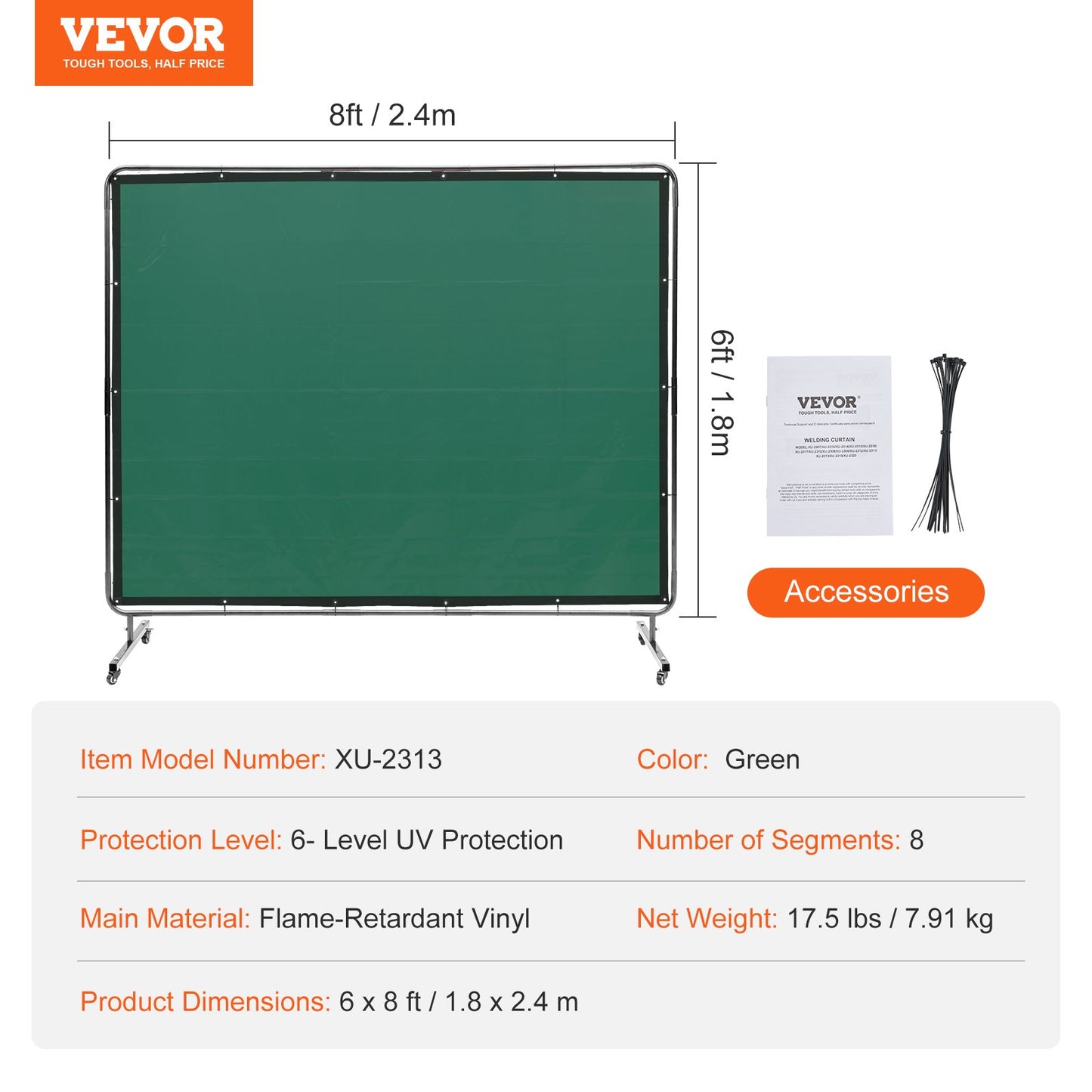 Welding Screen with Frame, 1.83 x 2.44 m Welding Curtain Screen, Flame-Resistant Vinyl Welding Protection Screen on 4 Swivel Wheels (2 Lockable), Moveable & Professional for Workshop/Industrial, Green