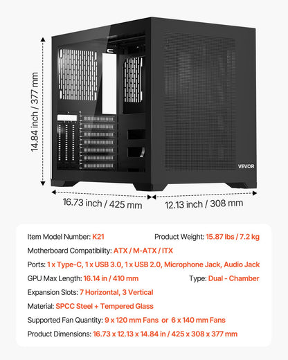 Mid-Tower PC Case, Dual Chamber, Gaming Computer Case with Tempered Glass Panels, Magnetic Dust Filter, Cable Management, for GPU up to 410 mm in Length, Compatible with ATX/M-ATX/ITX, No Fan