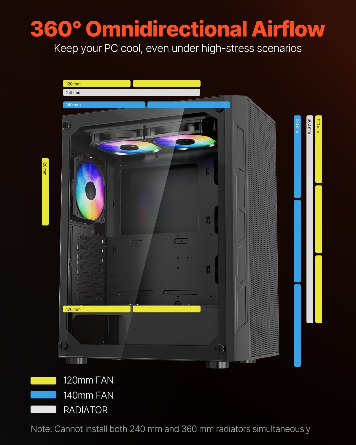 PC Gaming Case, Mid-Tower, Computer Case with High-Airflow Tempered Glass Panel, Dust Filter, 3 x 120 mm ARGB Fans, Easy Cable Management, for GPU up to 320 mm in Length, for ATX / M-ATX / ITX