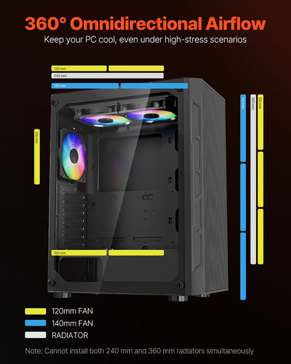 PC Gaming Case, Mid-Tower, Computer Case with High-Airflow Tempered Glass Panel, Dust Filter, 3 x 120 mm ARGB Fans, Easy Cable Management, for GPU up to 320 mm in Length, for ATX / M-ATX / ITX