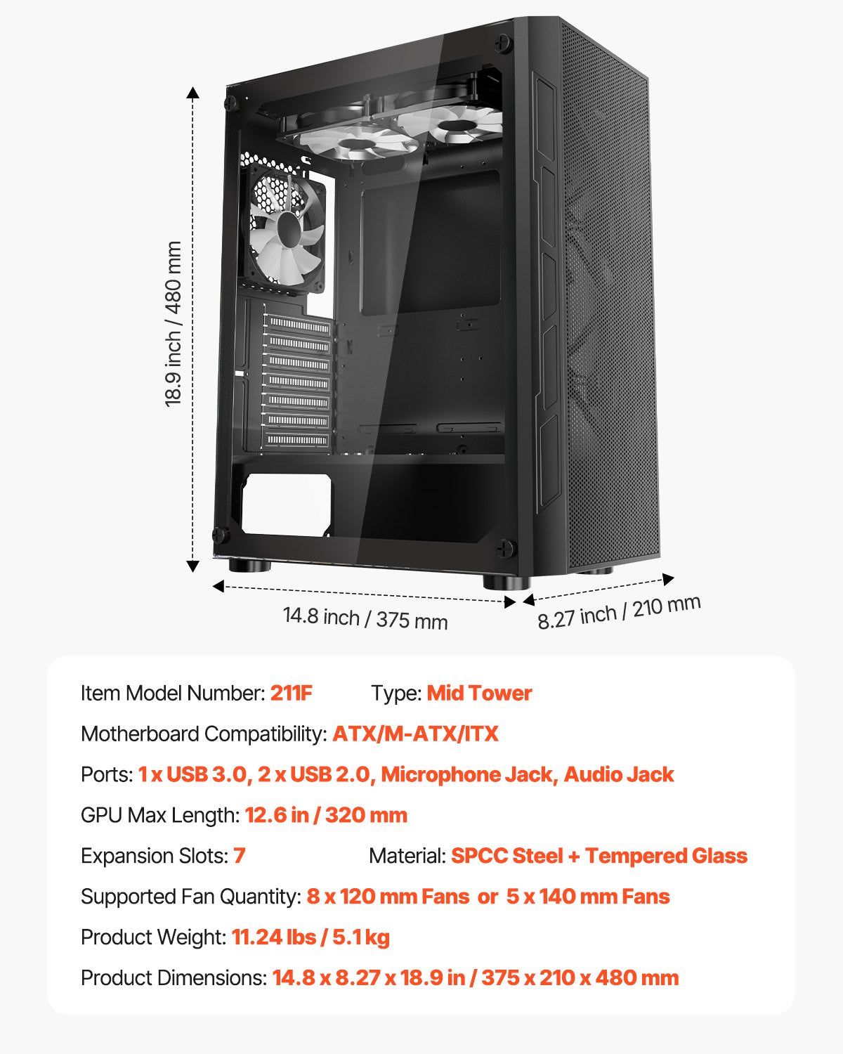 PC Gaming Case, Mid-Tower, Computer Case with High-Airflow Tempered Glass Panel, Dust Filter, 3 x 120 mm ARGB Fans, Easy Cable Management, for GPU up to 320 mm in Length, for ATX / M-ATX / ITX