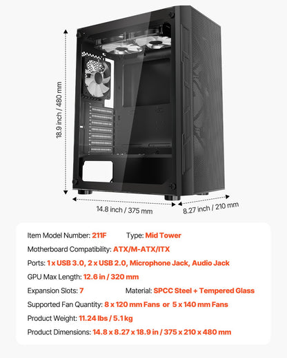PC Gaming Case, Mid-Tower, Computer Case with High-Airflow Tempered Glass Panel, Dust Filter, 3 x 120 mm ARGB Fans, Easy Cable Management, for GPU up to 320 mm in Length, for ATX / M-ATX / ITX