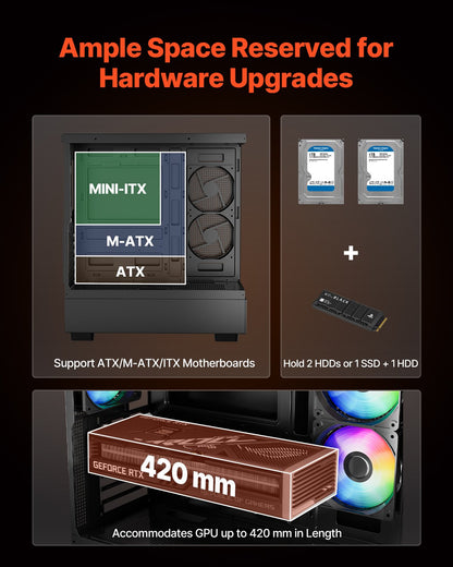 PC-spelchassi, mid-tower, datorchassi med högluftsflödespanel i härdat glas, dammfilter, 6 x 120 mm PWM ARGB-fläktar, enkel kabelhantering, för GPU upp till 410 mm i längd, för ATX/M-ATX/ITX