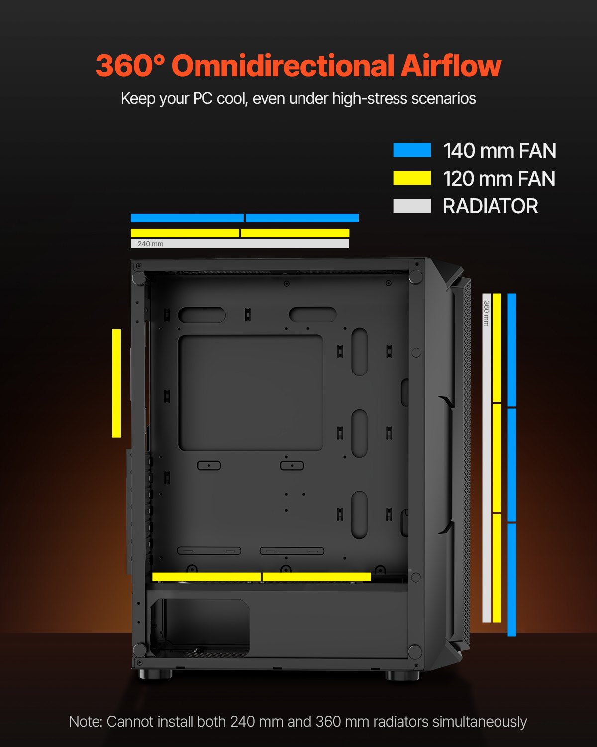 PC-spelchassi, mid-tower, datorchassi med högluftsflödespanel i härdat glas, dammfilter, 4 x 120 mm ARGB-fläktar, enkel kabelhantering, för GPU upp till 320 mm i längd, för ATX / M-ATX / ITX