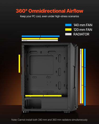 PC-spelchassi, mid-tower, datorchassi med högluftsflödespanel i härdat glas, dammfilter, 4 x 120 mm ARGB-fläktar, enkel kabelhantering, för GPU upp till 320 mm i längd, för ATX / M-ATX / ITX