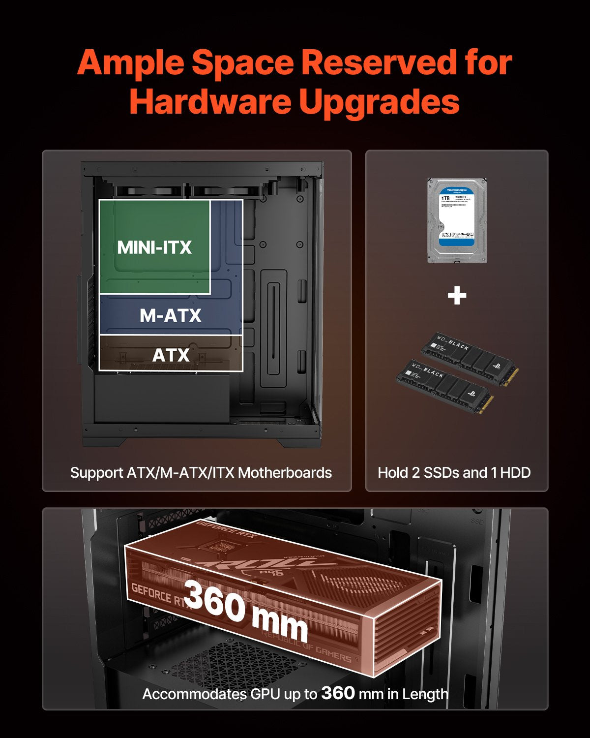 PC-spelchassi, mid-tower, datorchassi med högluftsflödespanel i härdat glas, dammfilter, 2 x 120 mm fläktar, kabelhantering, för grafikkort upp till 360 mm i längd, kompatibel med ATX/M-ATX/ITX