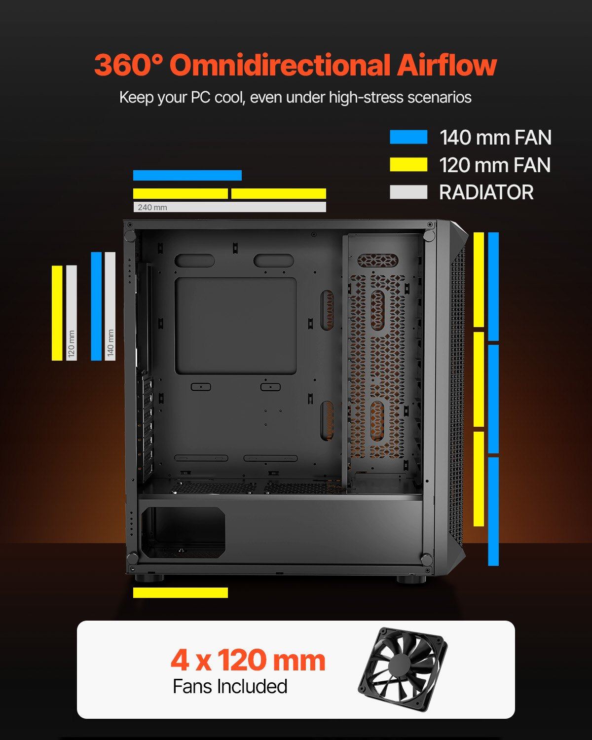 PC Gaming Case, Mid-Tower, Computer Case with High-Airflow Tempered Glass Panel, Dust Filter, 4 x 120 mm Fans, Cable Management, for GPU up to 270 mm in Length, Compatible with ATX/M-ATX/ITX