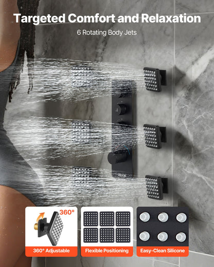 Duschblandareset, 406 mm termostatiskt takmonterat regnduschsystem med 6 kroppsstrålar och handdusch, roterbart regnduschmunstycke med 3 funktioner, komplett mässingsventil och tillbehörssats, mattsvart