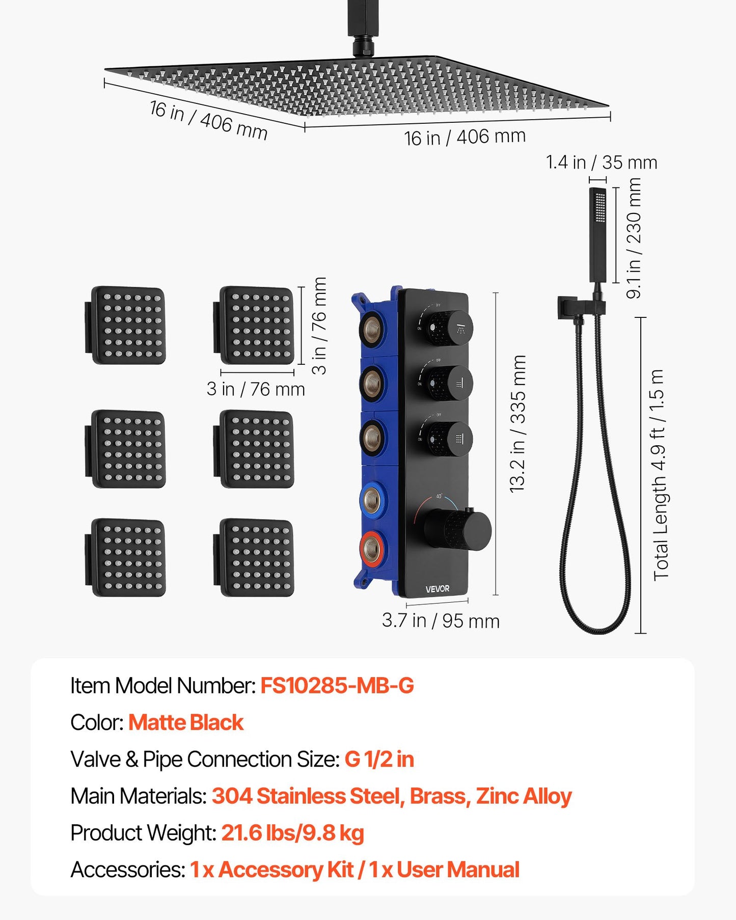 Duschblandareset, 406 mm termostatiskt takmonterat regnduschsystem med 6 kroppsstrålar och handdusch, roterbart regnduschmunstycke med 3 funktioner, komplett mässingsventil och tillbehörssats, mattsvart