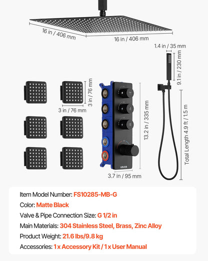 Duschblandareset, 406 mm termostatiskt takmonterat regnduschsystem med 6 kroppsstrålar och handdusch, roterbart regnduschmunstycke med 3 funktioner, komplett mässingsventil och tillbehörssats, mattsvart