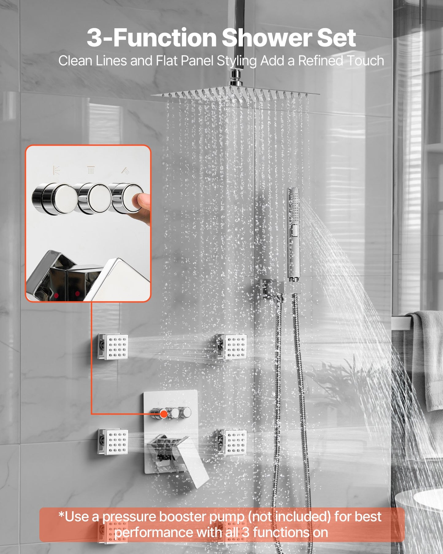 Duschblandareset, 254 mm takmonterat regnduschsystem med 6 kroppsstrålar och 2-i-1 handdusch, roterbart regnduschmunstycke med 3 funktioner, komplett mässingsventil och lister, krom