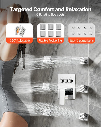 Duschblandareset, 254 mm takmonterat regnduschsystem med 6 kroppsstrålar och 2-i-1 handdusch, roterbart regnduschmunstycke med 3 funktioner, komplett mässingsventil och lister, krom