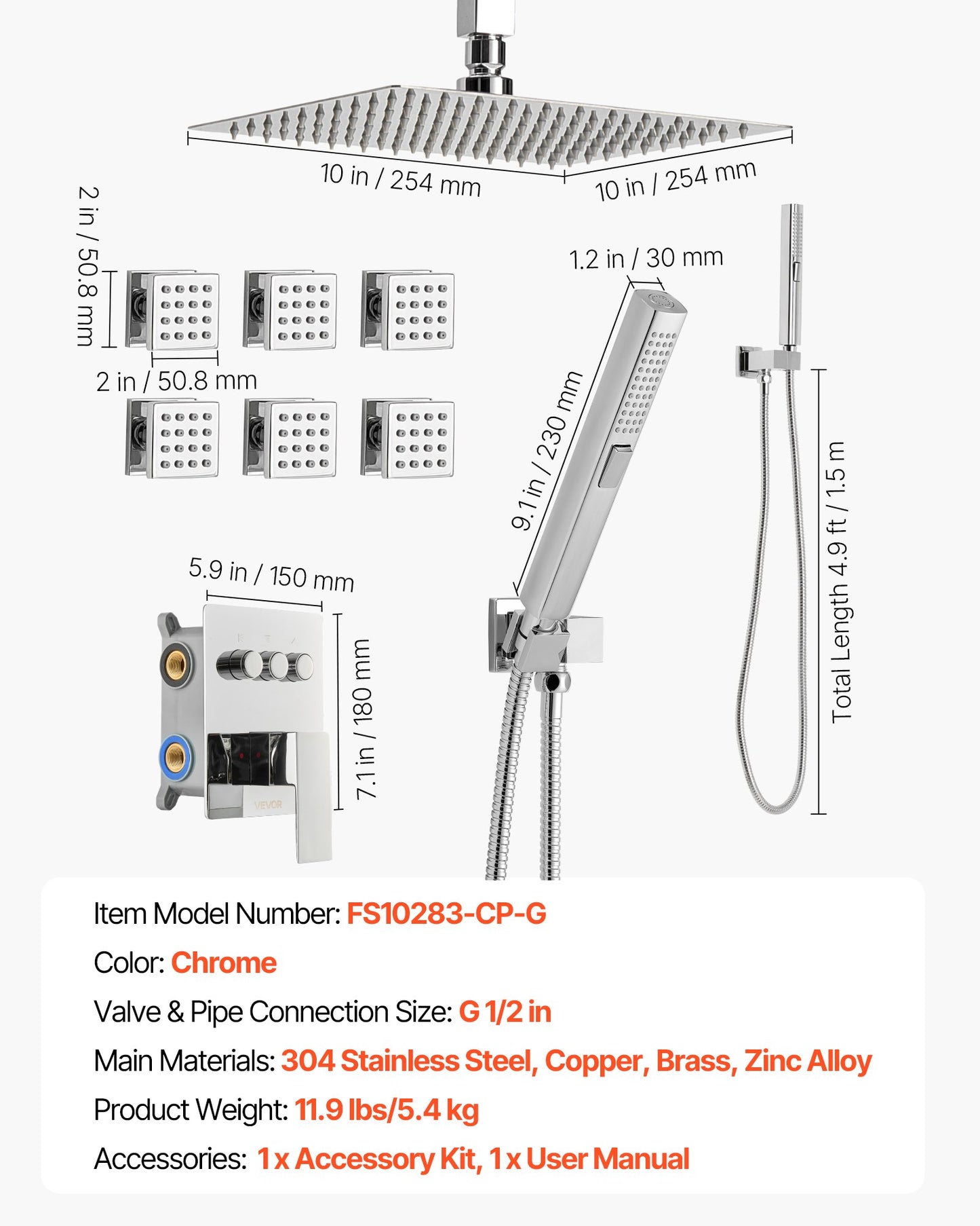 Duschblandareset, 254 mm takmonterat regnduschsystem med 6 kroppsstrålar och 2-i-1 handdusch, roterbart regnduschmunstycke med 3 funktioner, komplett mässingsventil och lister, krom
