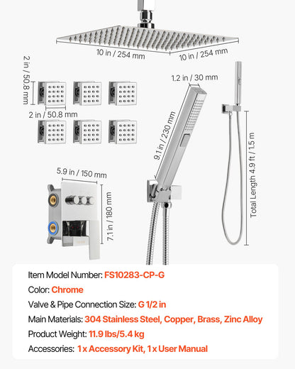 Duschblandareset, 254 mm takmonterat regnduschsystem med 6 kroppsstrålar och 2-i-1 handdusch, roterbart regnduschmunstycke med 3 funktioner, komplett mässingsventil och lister, krom