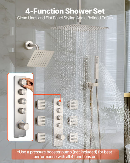 Duschblandareset, 406 mm termostatiskt takmonterat regnduschsystem med 152 mm väggmonterat huvud, 6 kroppsstrålar och handdusch, dubbelt regnduschhuvud i mässing och tillbehör, borstad nickel