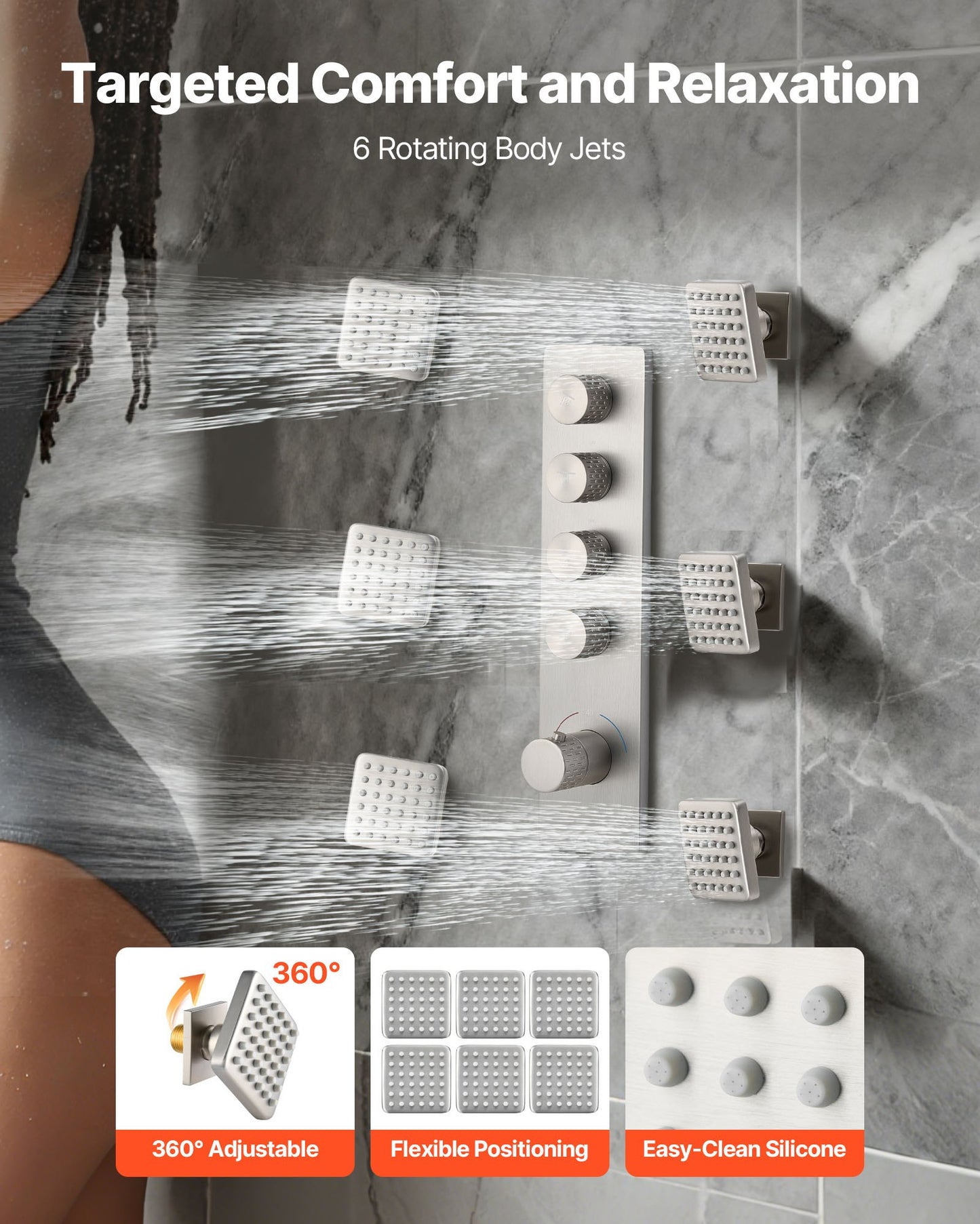 Duschblandareset, 406 mm termostatiskt takmonterat regnduschsystem med 152 mm väggmonterat huvud, 6 kroppsstrålar och handdusch, dubbelt regnduschhuvud i mässing och tillbehör, borstad nickel