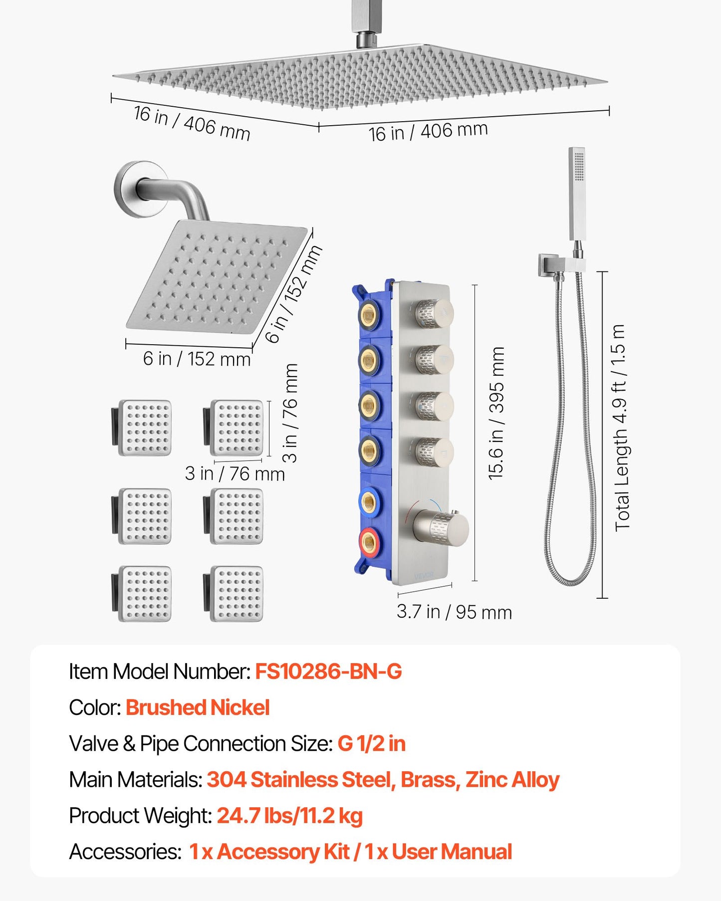 Duschblandareset, 406 mm termostatiskt takmonterat regnduschsystem med 152 mm väggmonterat huvud, 6 kroppsstrålar och handdusch, dubbelt regnduschhuvud i mässing och tillbehör, borstad nickel