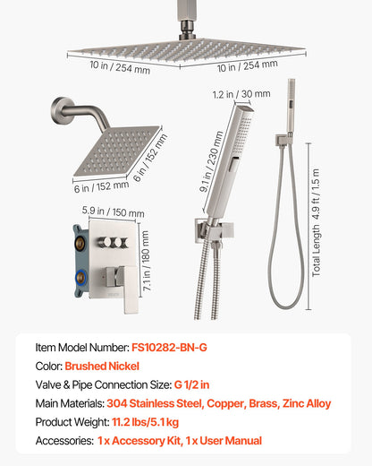 Duschblandareset, 254 mm takmonterat regnduschsystem med 152 mm väggmonterat huvud och 2-i-1 handdusch, roterbart 3-funktions dubbelt regnduschhuvud, mässingsventil och tillbehör, borstad nickel