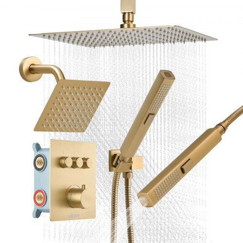 Duschblandareset, 305 mm termostatiskt takmonterat regnduschsystem med 152 mm väggmonterat huvud och 2-i-1 handdusch, 3-funktions dubbelt regnduschhuvud i mässing, borstad guldfärgad
