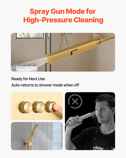 Duschblandareset, 305 mm termostatiskt takmonterat regnduschsystem med 152 mm väggmonterat huvud och 2-i-1 handdusch, 3-funktions dubbelt regnduschhuvud i mässing, borstad guldfärgad