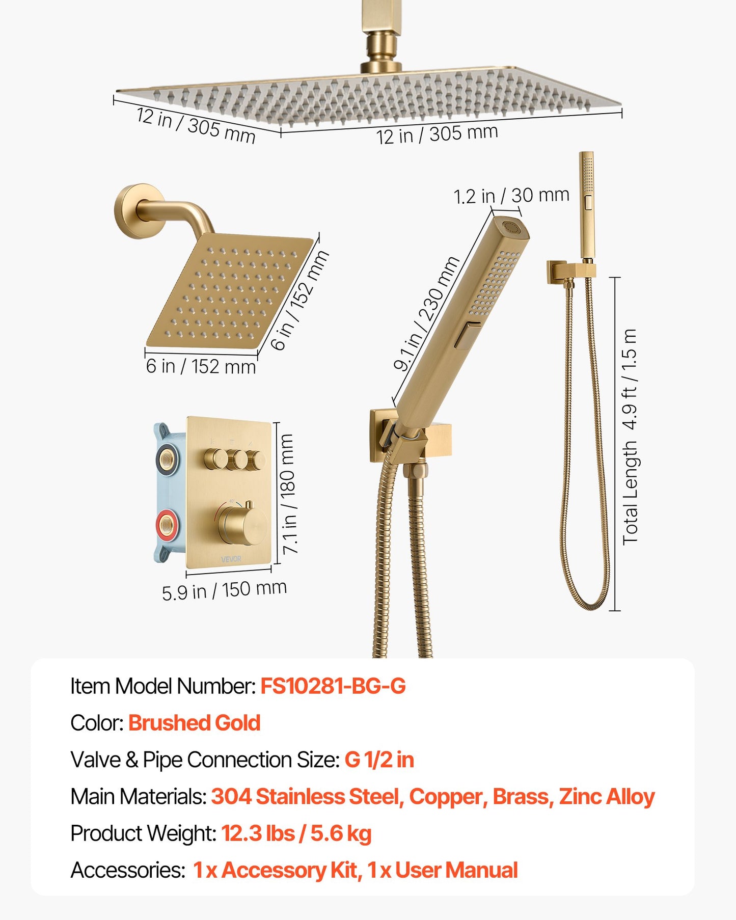 Duschblandareset, 305 mm termostatiskt takmonterat regnduschsystem med 152 mm väggmonterat huvud och 2-i-1 handdusch, 3-funktions dubbelt regnduschhuvud i mässing, borstad guldfärgad