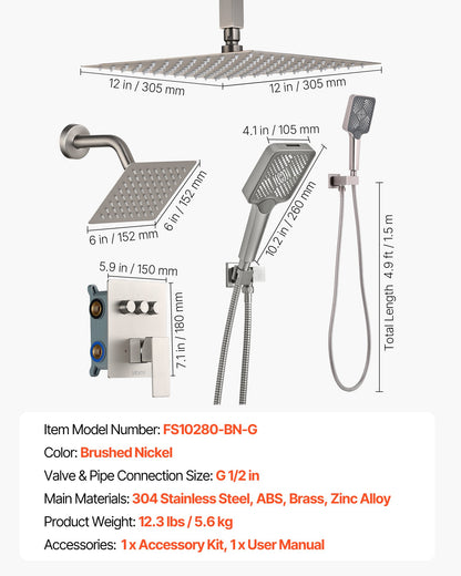Duschblandareset, 305 mm takmonterat regnduschsystem med 152 mm väggmonterat huvud och 4-i-1 handdusch, roterbart 3-funktions dubbelt regnduschhuvud, mässingsventil och tillbehör, borstad nickel