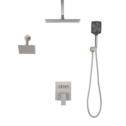 Duschblandareset, 305 mm takmonterat regnduschsystem med 152 mm väggmonterat huvud och 4-i-1 handdusch, roterbart 3-funktions dubbelt regnduschhuvud, mässingsventil och tillbehör, borstad nickel