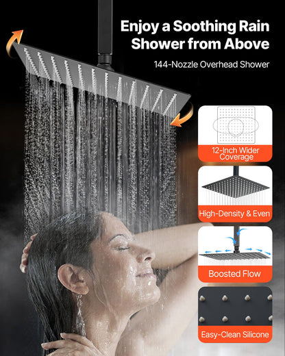 Shower Faucet Set, 305 mm Ceiling Mount Rainfall Shower System with 152 mm Wall Mount Head and 4 in 1 Handheld Spray, Rotatable 3-Function Dual Rain Head Brass Valve and Trim Kit, Matte Black