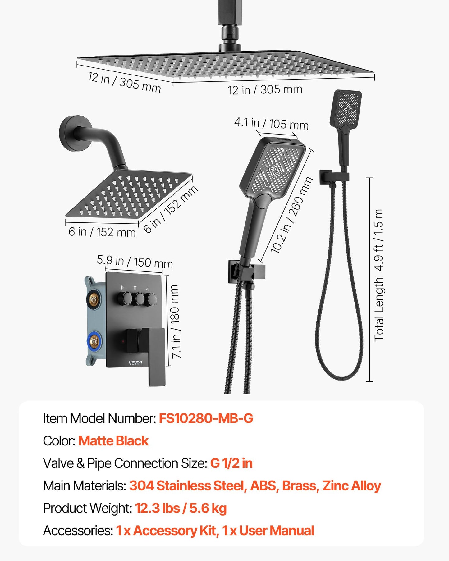 Shower Faucet Set, 305 mm Ceiling Mount Rainfall Shower System with 152 mm Wall Mount Head and 4 in 1 Handheld Spray, Rotatable 3-Function Dual Rain Head Brass Valve and Trim Kit, Matte Black