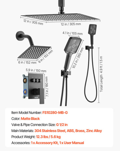 Shower Faucet Set, 305 mm Ceiling Mount Rainfall Shower System with 152 mm Wall Mount Head and 4 in 1 Handheld Spray, Rotatable 3-Function Dual Rain Head Brass Valve and Trim Kit, Matte Black