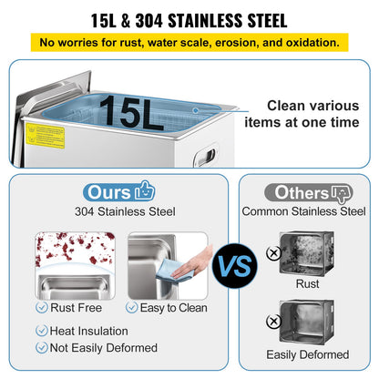 Ultrasonic Cleaner, 36KHz~40KHz Adjustable Frequency, 15L 220V, Ultrasonic Cleaning Machine with Digital Timer and Heater, Lab Sonic Cleaner for Jewelry Watch Eyeglasses Coins, FCC/CE/RoHS Liste