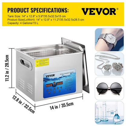 Ultrasonic Cleaner, 36KHz~40KHz Adjustable Frequency, 15L 220V, Ultrasonic Cleaning Machine with Digital Timer and Heater, Lab Sonic Cleaner for Jewelry Watch Eyeglasses Coins, FCC/CE/RoHS Liste