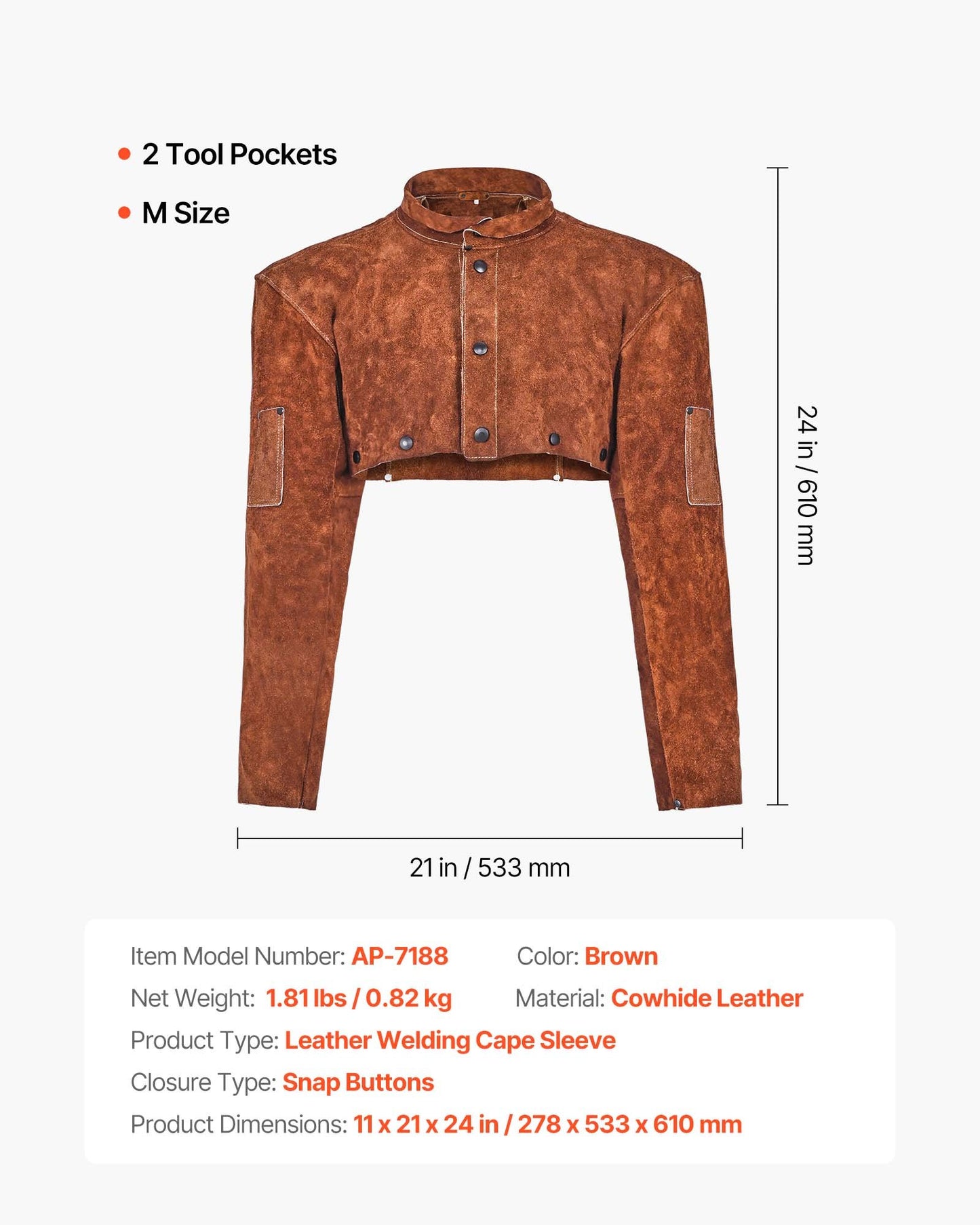 Leather Welding Cape Sleeve, Heavy Duty Flame Resistant Cowhide Safety Cape Sleeves for Men Women, Heat-Resistant for Welding, Blacksmithing, Woodworking, Gardening, M-Size