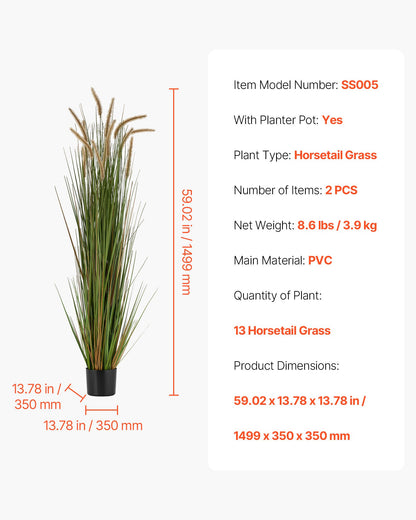 Artificial Grass Plant, 2 Pack 1499mm Horsetail Reed Grass in Pot, Premium PVC Faux Fake Greenery Shrubs Plant for Indoor Outdoor House Home Garden Office Room Décor, Housewarming, Green