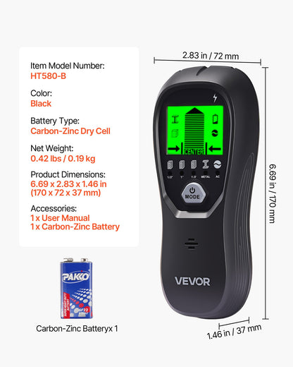 Stud Finder Wall Scanner, 5 in 1, Electronic Wall Stud Detector with Smart Sensor, High-Definition LCD Display and Audio Alarm, for the Center and Edge of Metal, AC Wire, Joists, Pipes, Black