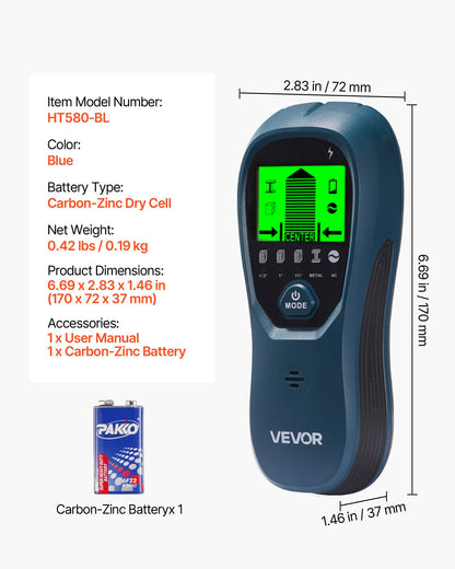 Regeldetektor Väggskanner, 5 i 1, Elektronisk Väggregeldetektor med Smart Sensor, HD LCD-Display och Ljudlarm, för mitten och kanten av metall, AC-ledning, Bjälkar, Rör, Blå