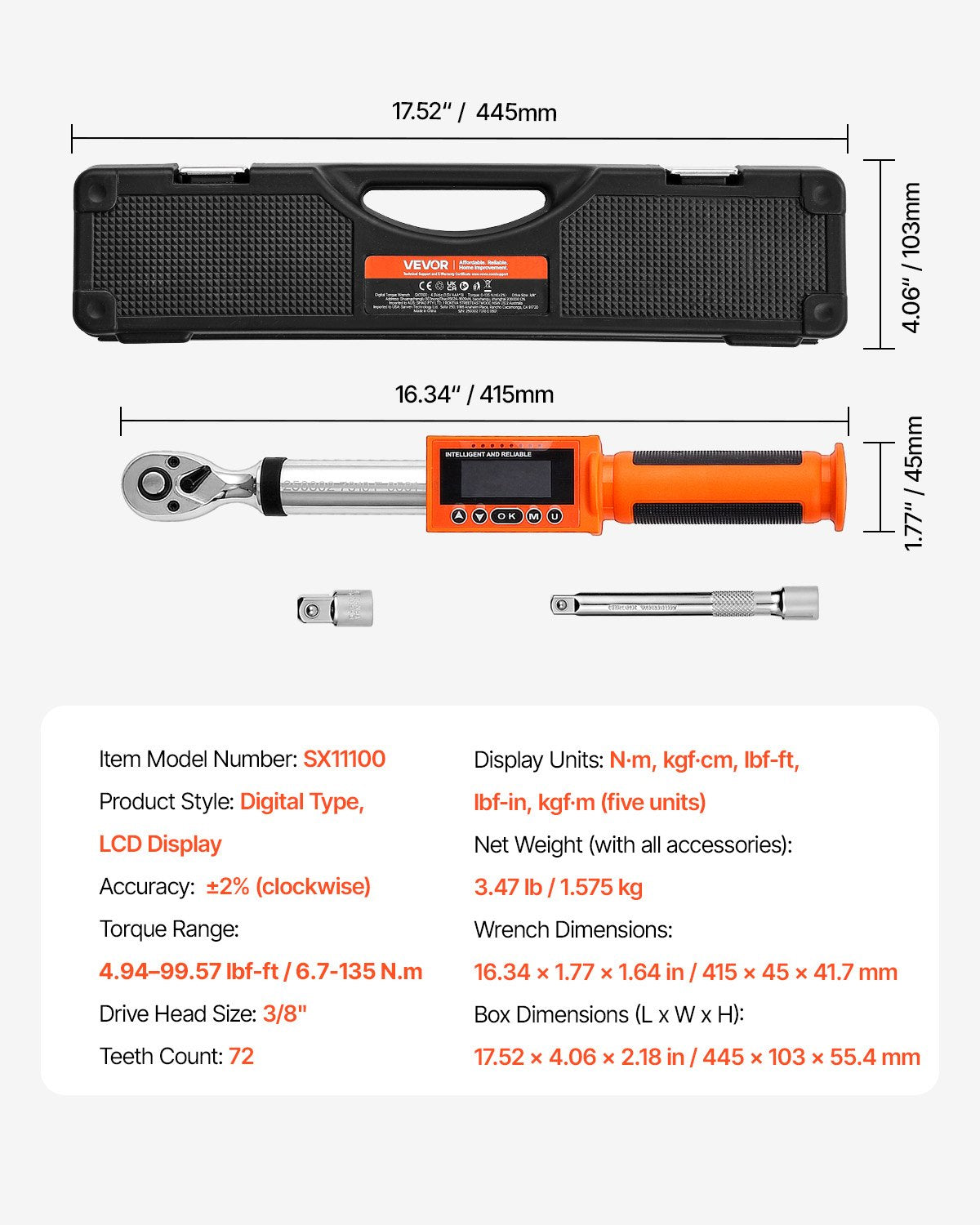 Digital Torque Wrench, 3/8 Inch Drive, 0-99.57 lbf-ft / 0-135 N.m, 72-Tooth, ±2% High Accuracy Electronic Torque Wrench with Preset Value, Buzzer and LED Notification, for Automotive Motorcycle