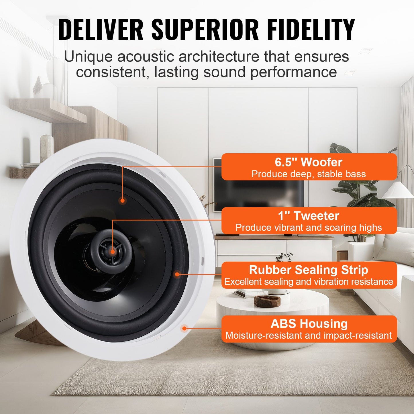 6.5" Bluetooth in Ceiling Speakers, 150W, Flush Mount Ceiling & in-Wall Speaker System with 8ΩImpedance 89dB Sensitivity, for Home Kitchen Living Room Bedroom or Covered Outdoor Porches, Single