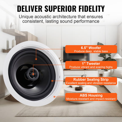 6.5" Bluetooth in Ceiling Speakers, 150W, Flush Mount Ceiling & in-Wall Speaker System with 8ΩImpedance 89dB Sensitivity, for Home Kitchen Living Room Bedroom or Covered Outdoor Porches, Single