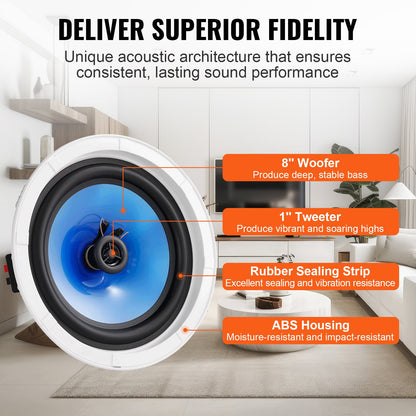 2PCs 8 in/20.3 cm Ceiling Speakers 50-Watts Flush Mount Ceiling & in-Wall Speakers