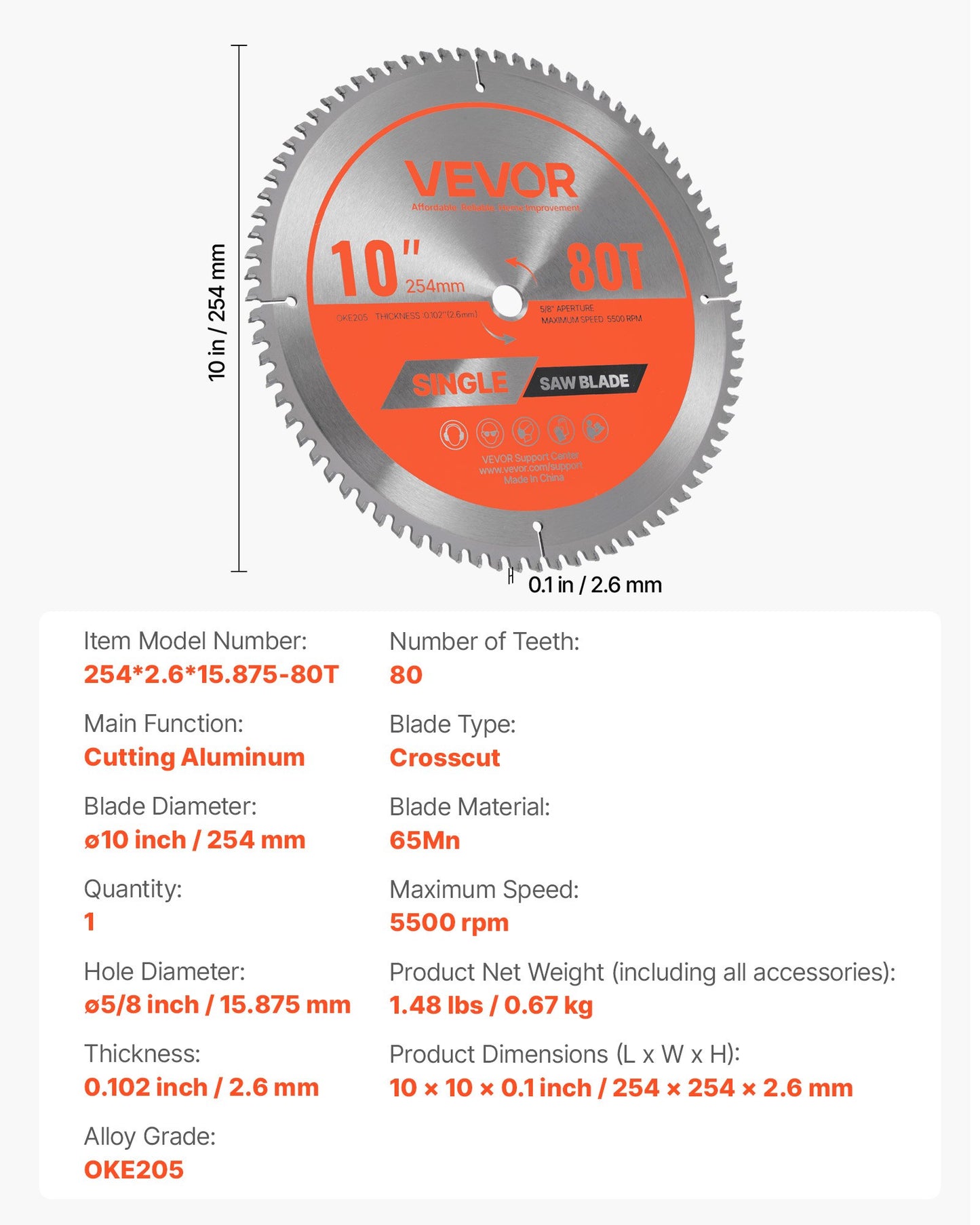 Cirkelsågklinga, 254 mm diameter, 80 vassa legeringständer, 15,875 mm spindel, fin yta, aluminiumskärklinga för cirkelsåg, med ljudreducerande värmeventiler, för skärning av stål och metall