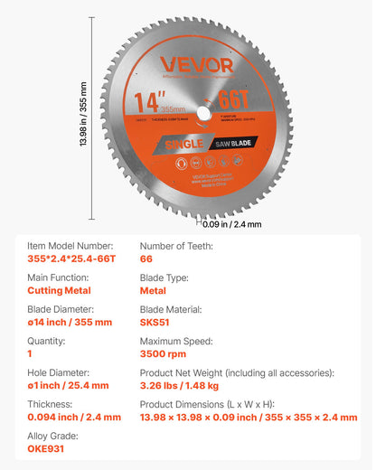 Circular Saw Blade, 355 mm Diameter, 66 Sharp Alloy Teeth, 25.4 mm Arbor, Fine Finish, Metal Cutting Blade for Circular Saw, with Noise-Reducing Heat Vents, for Cutting Steel and Aluminum