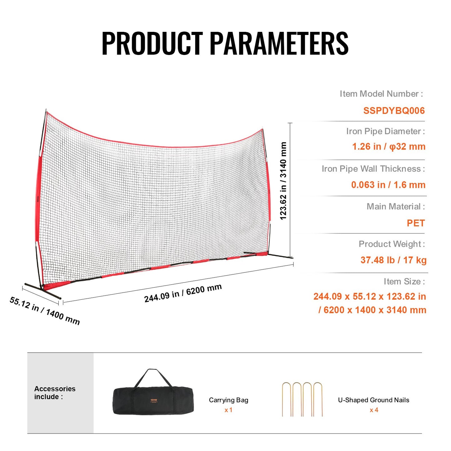 Barricade Backstop Net, 20x10 ft Ball Sports Barrier Netting, Portable Practice Equipment with Carry Bag, Protection Screen for Baseball Softball Lacrosse Soccer Hockey Training, for Backyard