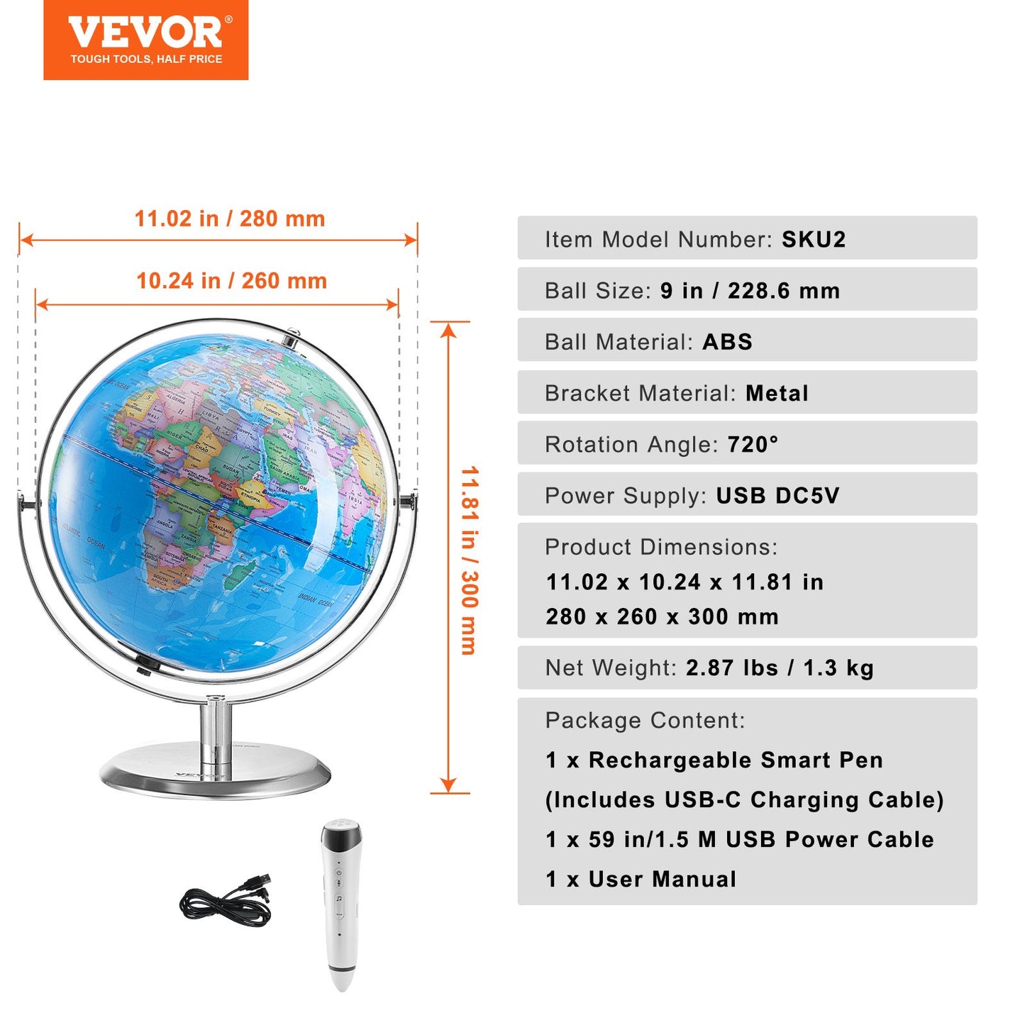 Talking World Globe, 9 in/228.6 mm, Interactive Globe for Kids Early Learning Teaching, Educational Globe with Smart Talking Pen LED Night Light USB Interface, Gifts for Children Boys & Girls (Map Language: English)
