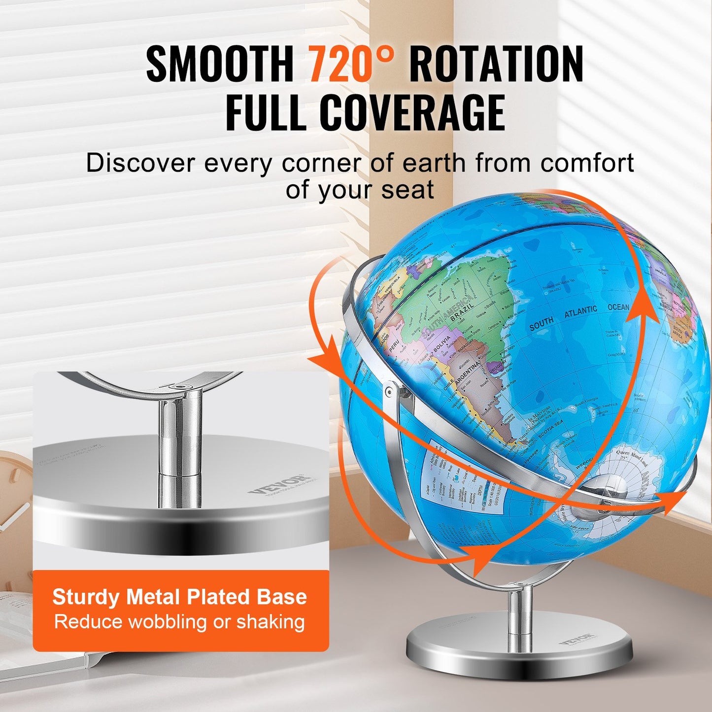 Rotating World Globe with Stand, 13 in/330.2 mm, Educational Geographic Globe with Precise Time Zone ABS Material, 720° Spinning Globe for Kids Children Learning Classroom Geography Education (Map Language: English)