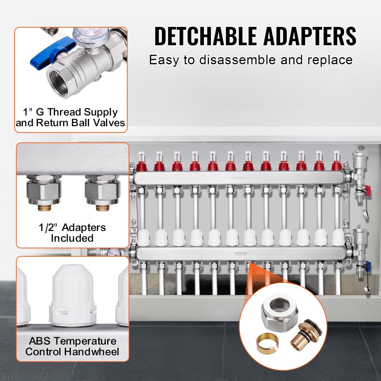 12-grenad värmestrålningsgrenrör, 1/2" PEX-rörgrenrör, PEX-grenrör i rostfritt stål för vattenburen golvvärme, PEX-grenrörssats för värmestrålning med 1/2"-adaptrar ingår