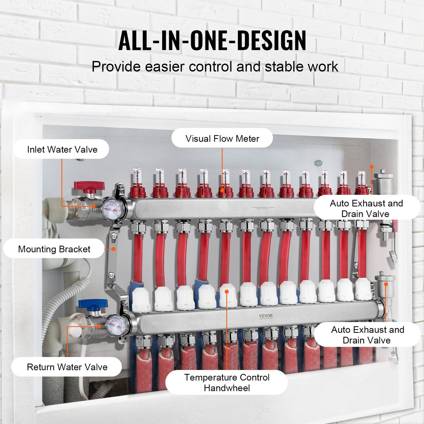 12-grenad värmestrålningsgrenrör, 1/2" PEX-rörgrenrör, PEX-grenrör i rostfritt stål för vattenburen golvvärme, PEX-grenrörssats för värmestrålning med 1/2"-adaptrar ingår