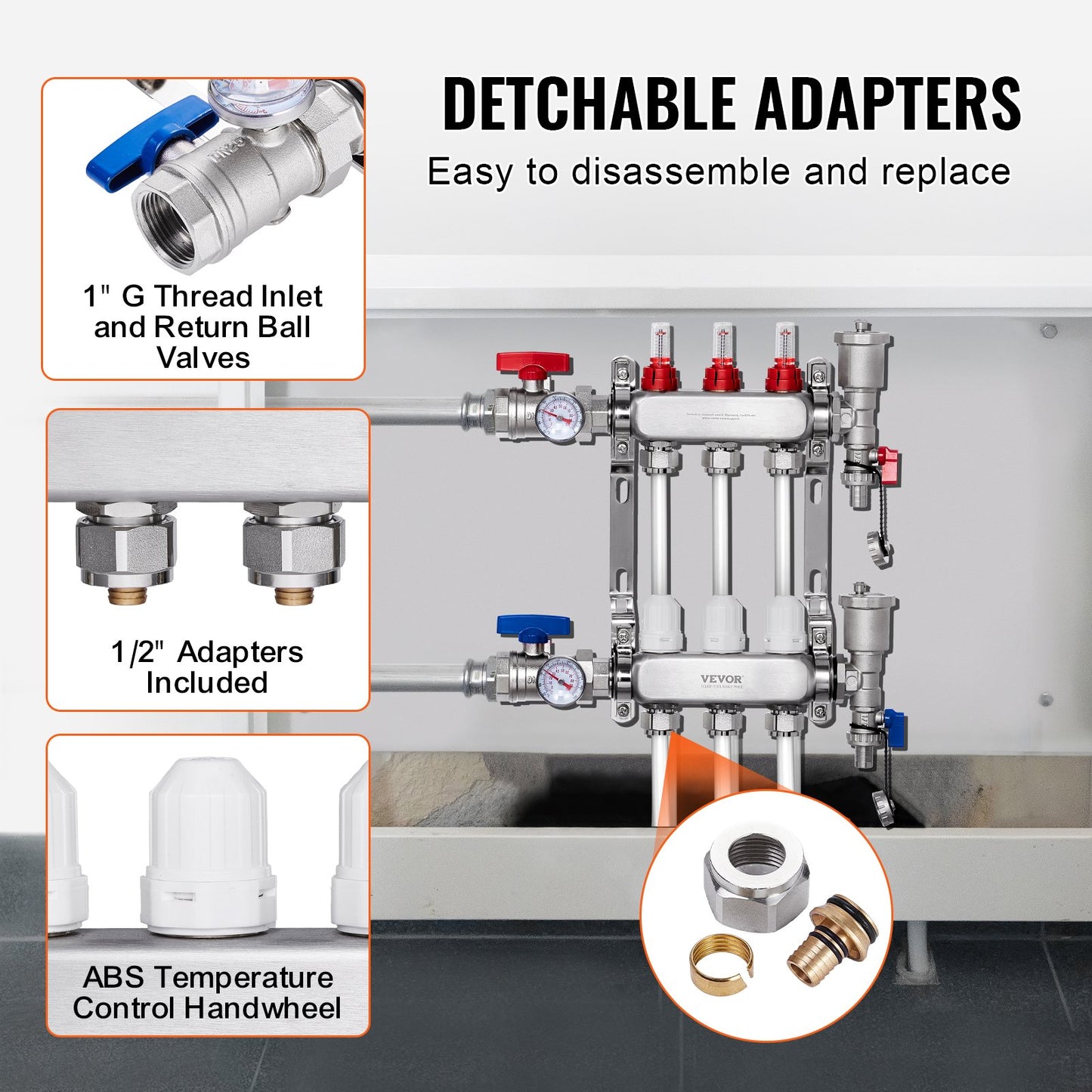 3-grenad värmestrålningsfördelare, 1/2" PEX-rörfördelare, PEX-fördelare i rostfritt stål för vattenburen golvvärme, PEX-fördelare för värmestrålning med 1/2"-adaptrar ingår