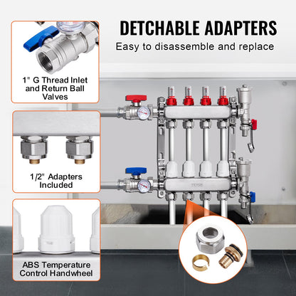 4-grenad värmestrålningsgrenrör, 1/2" PEX-rörgrenrör, PEX-grenrör i rostfritt stål för vattenburen golvvärme, PEX-grenrörssats för värmestrålning med 1/2" adaptrar ingår